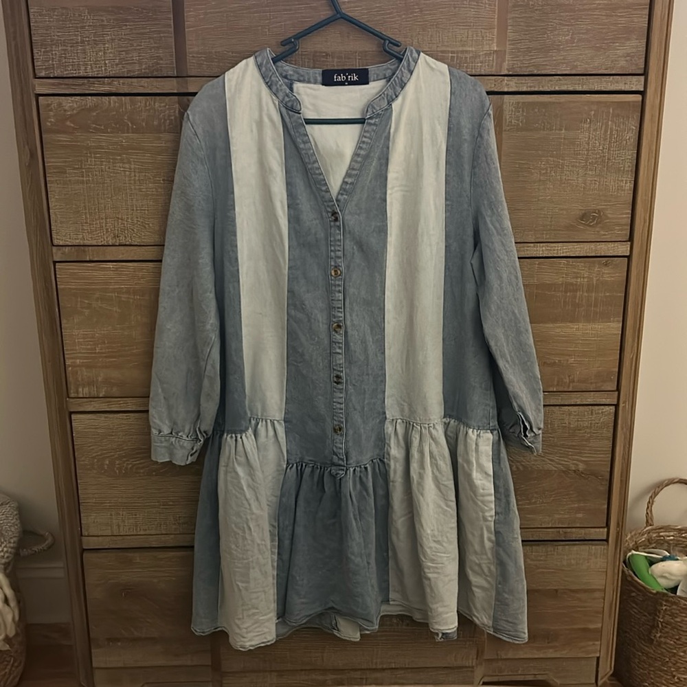Fab'rik Blue & White Striped Jean Long Sleeve Dress